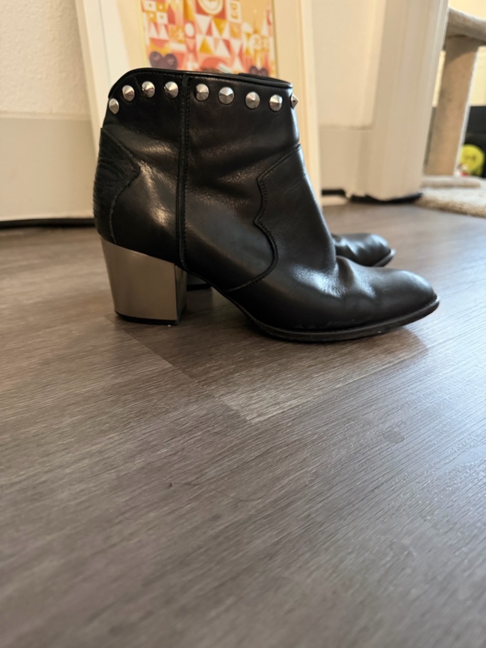 Zadig & Voltaire Black Leather Studded Ankle Boots with Metallic Block Heel